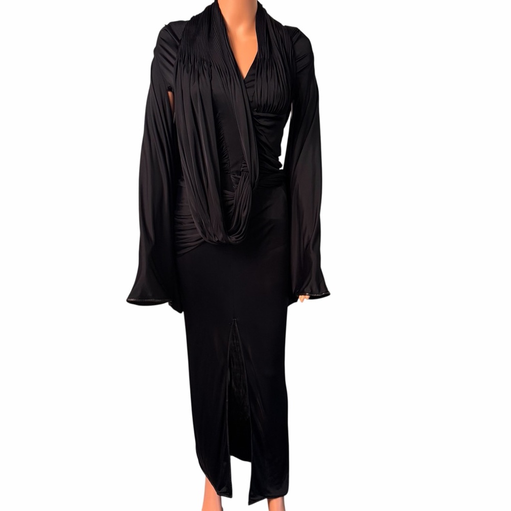 Givenchy SS14 Viscose Drapey Dress Black size FR 34 Leather trim Front Slit - Picture 3 of 14